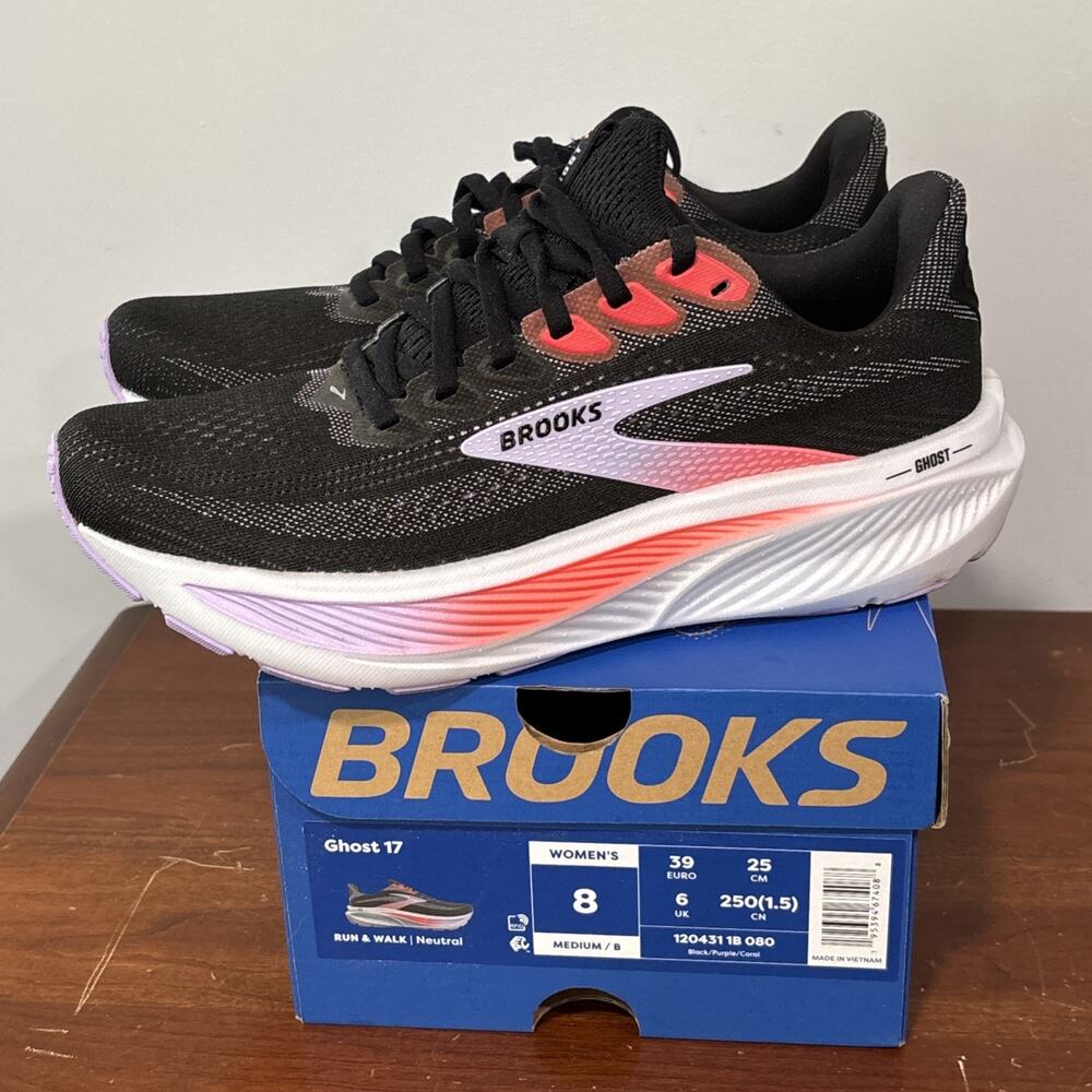 Brooks Ghost 17 Women’s Running Walking Shoes Black/Purple/Coral 8 Medium B